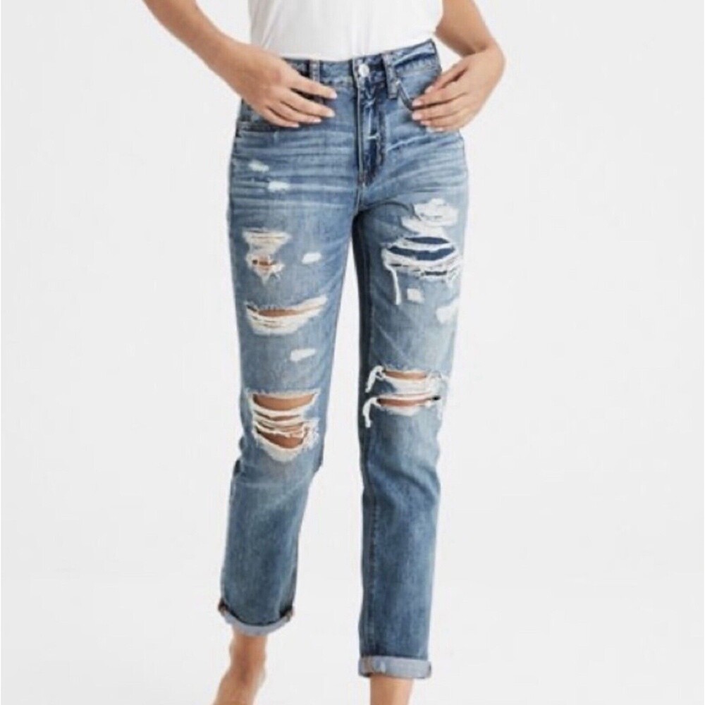 American Eagle Tomgirl Button Fly Shadow Patch Jeans Blue 2